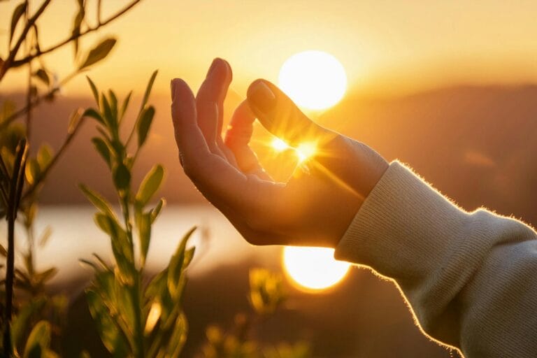 A hand reaching towards the sun, surrounded by green leaves, with sunlight creating a sparkling effect.