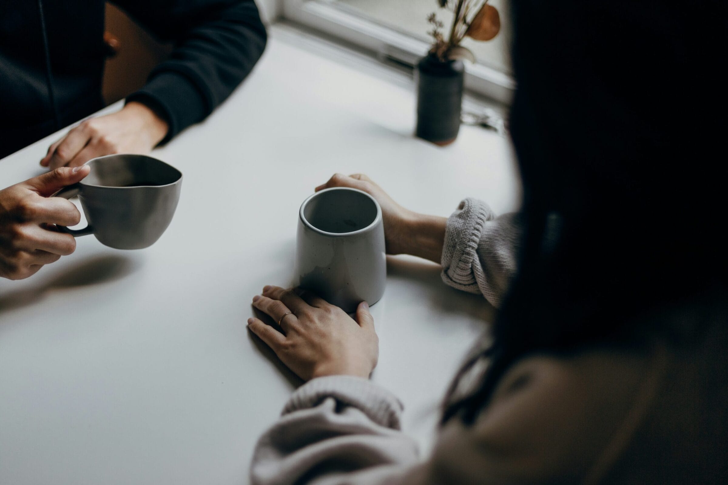Two hands holding mugs on a table, with a small potted plant in the background and soft, natural lighting.